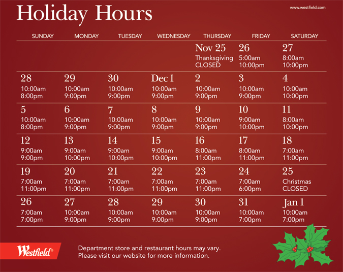 Extended Holiday Shopping Hours At The Westfield Annapolis Mall